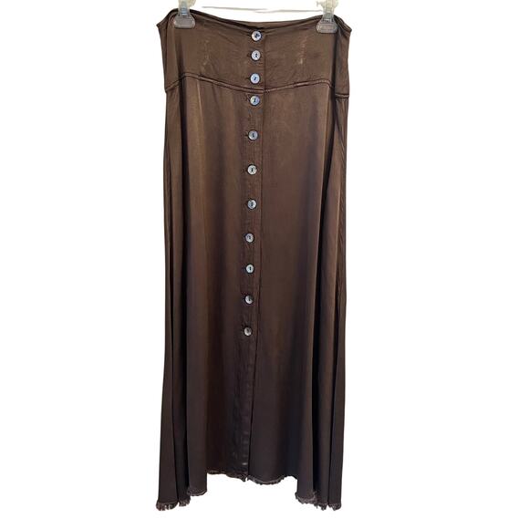 Raquel Allegra Button Front Maxi Skirt Large Moss Brown Satin - Picture 2 of 13